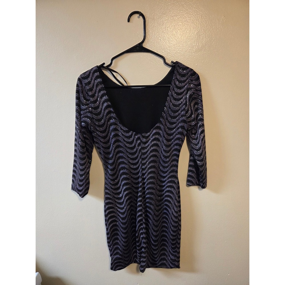 Purple Silver Glitter Wave Bodycon Mini Dress Deep Scoop Back 3/4 Sleeve Party